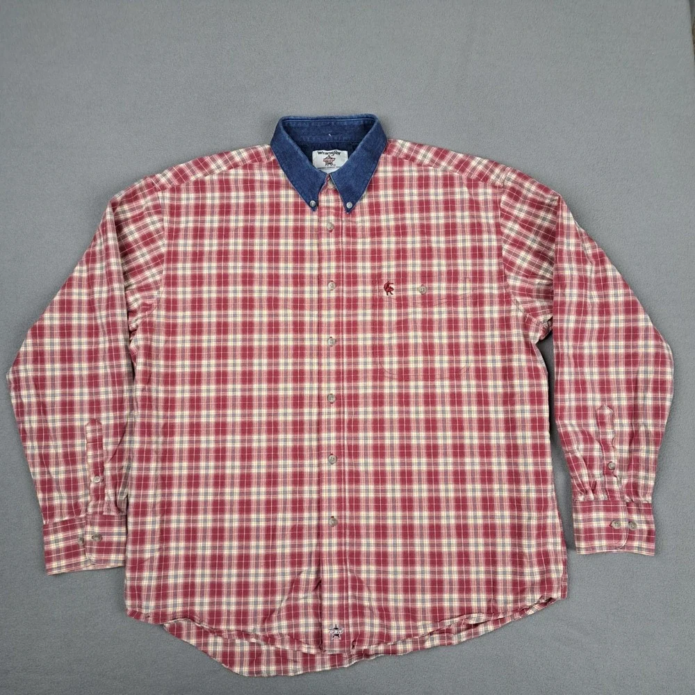 Wrangler PBR Button Down Shirt Mens Size XL Red Plaid Rodeo Bull Riding Official